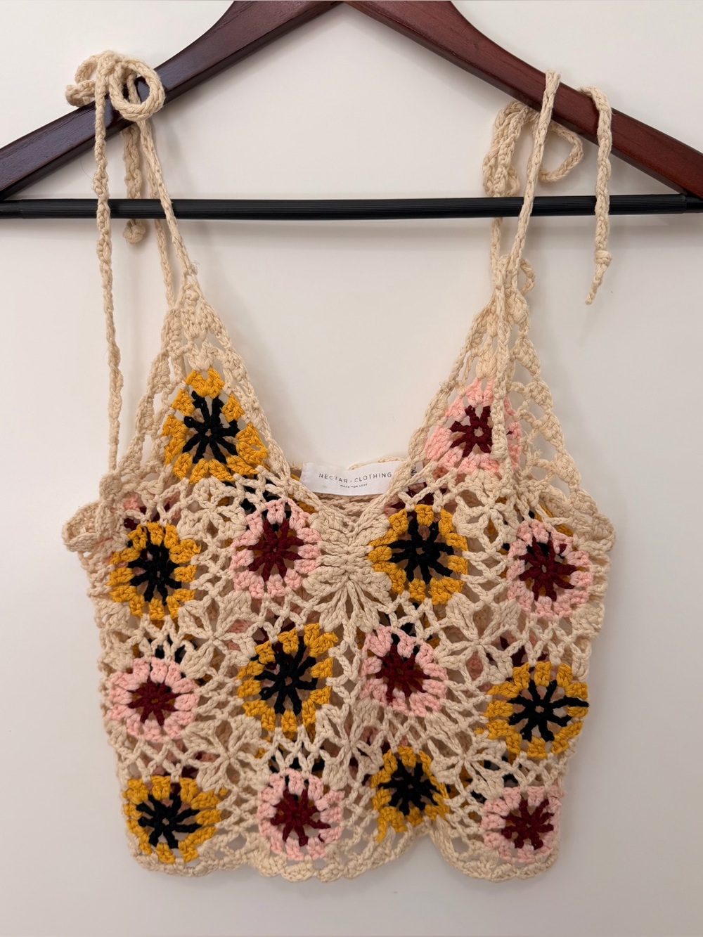 Women’s Beige Crochet Floral Crop Top with Pink, Mustard & Black Accents. S/M